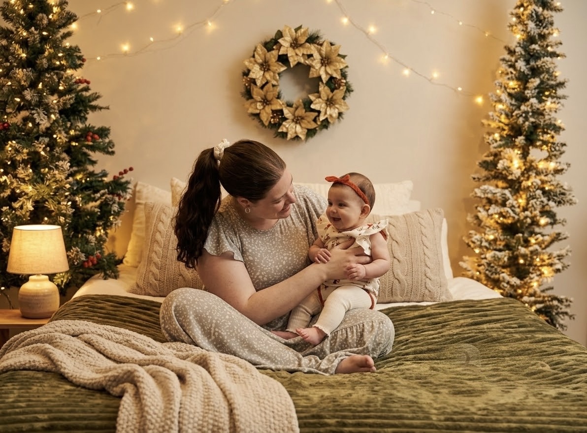 A mother and her baby daughter on the bed in the Christmas set, lit trees either side