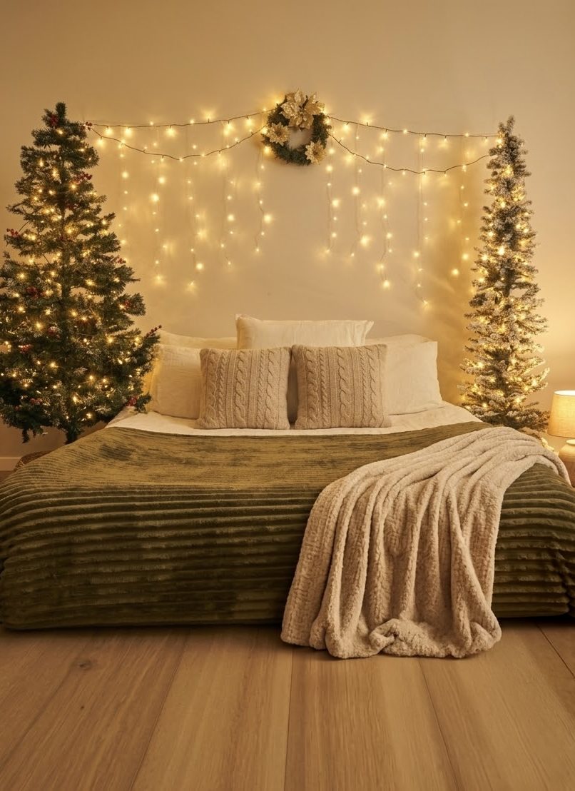 The bed set: a bed made up in green velvet and cream knit, framed by two lit Christmas trees and a curtain of fairy lights
