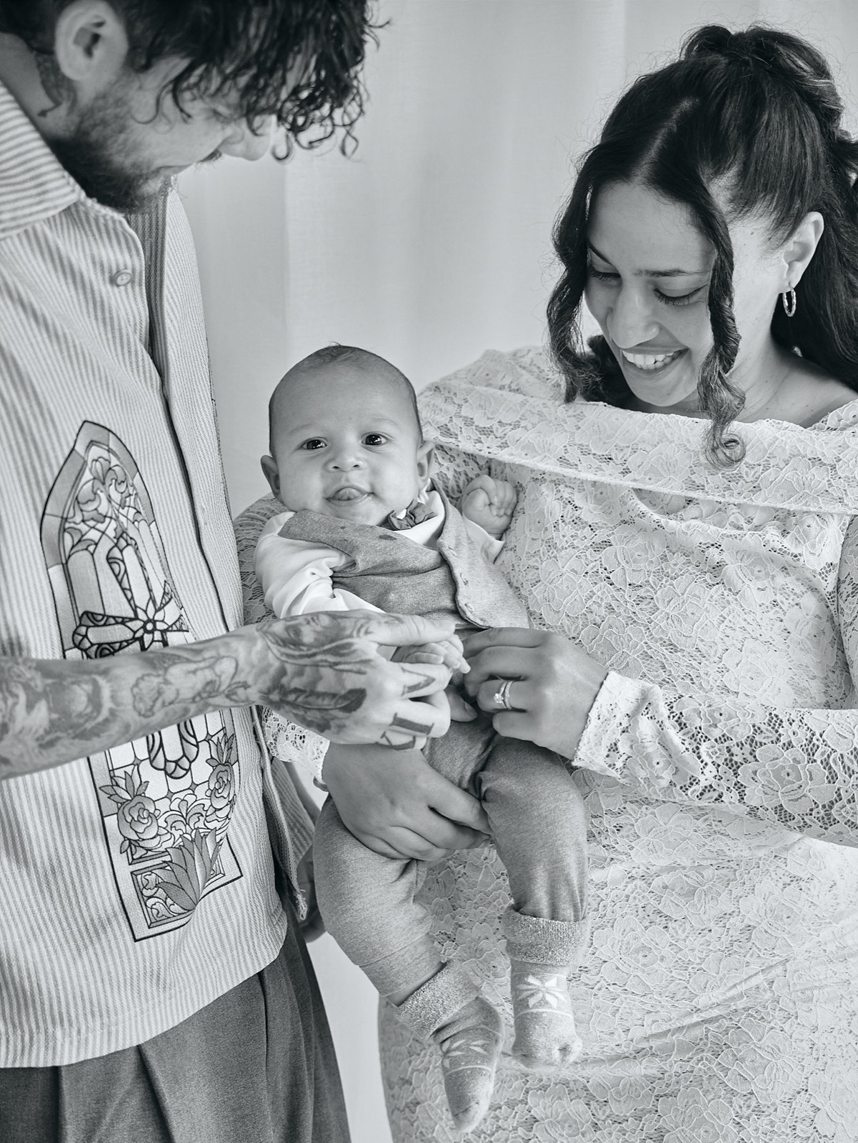 Black and white candid family moment at home