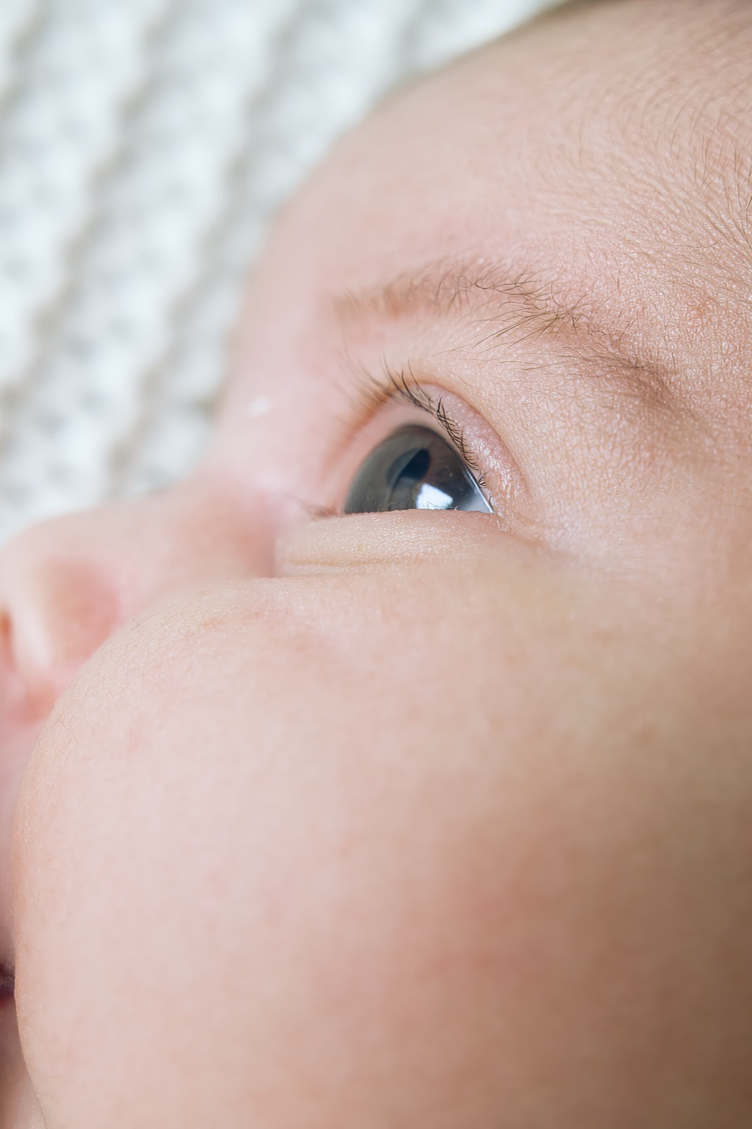 Macro close-up of a newborn's eye and cheek