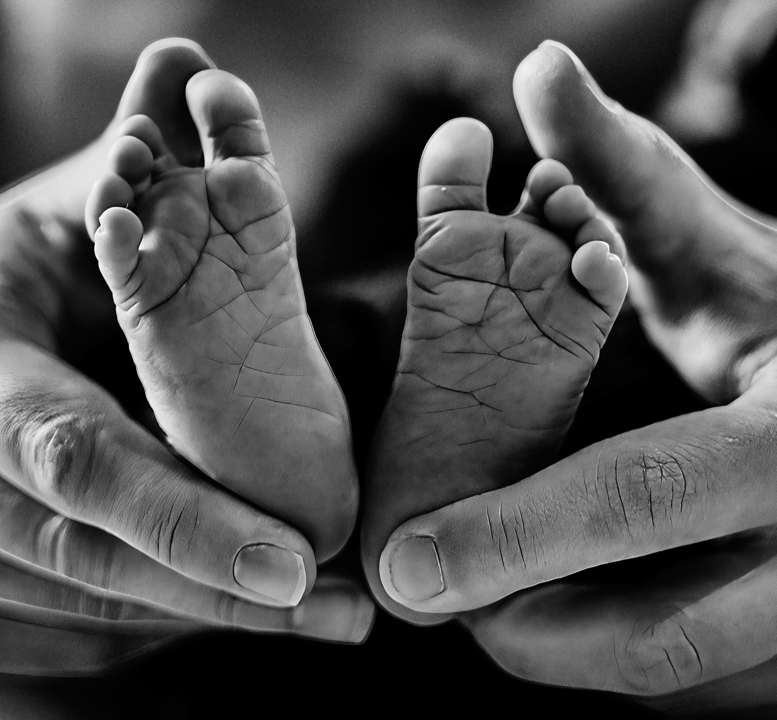 Black and white macro of tiny newborn feet