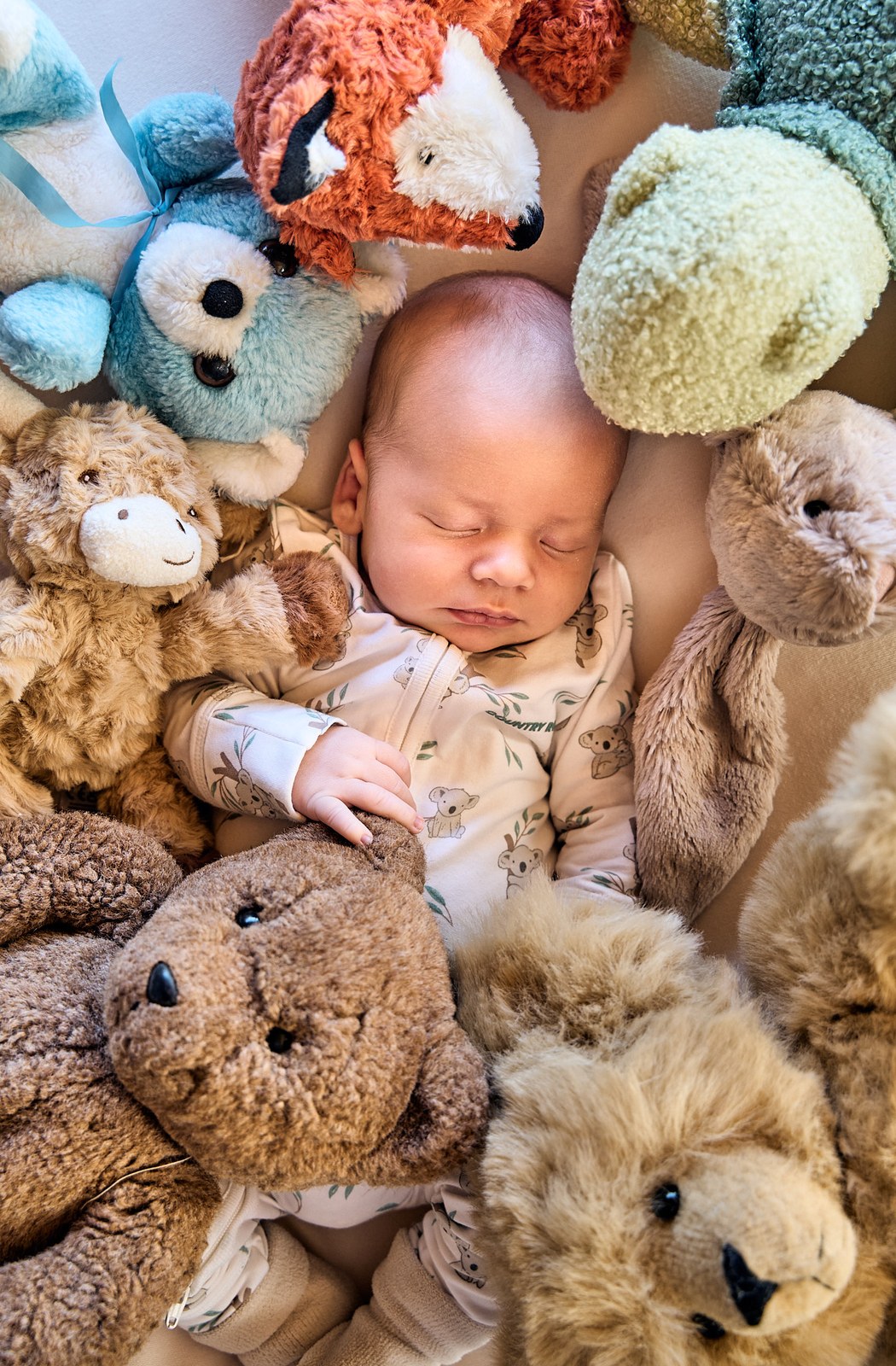 Sleeping newborn surrounded by teddies and soft toys