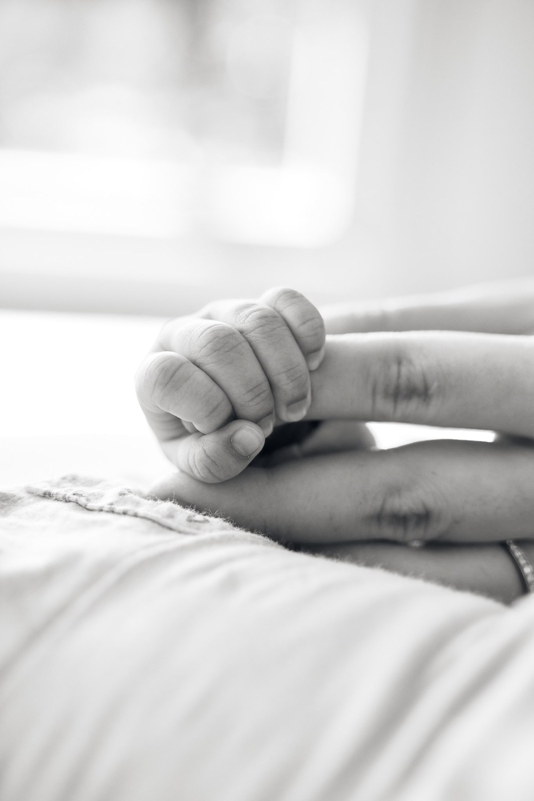 Black and white close-up of a newborn's hand resting on a parent's hand