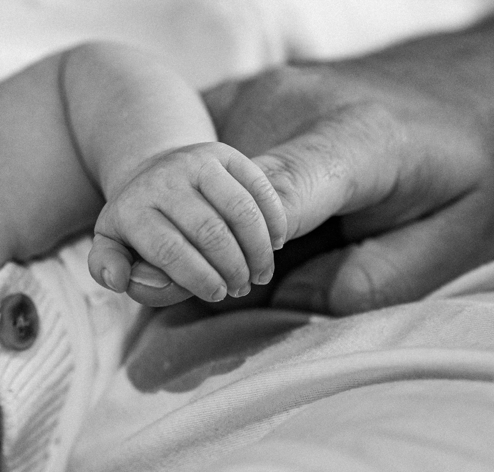 Newborn toes resting against a parent's hand, close-up detail